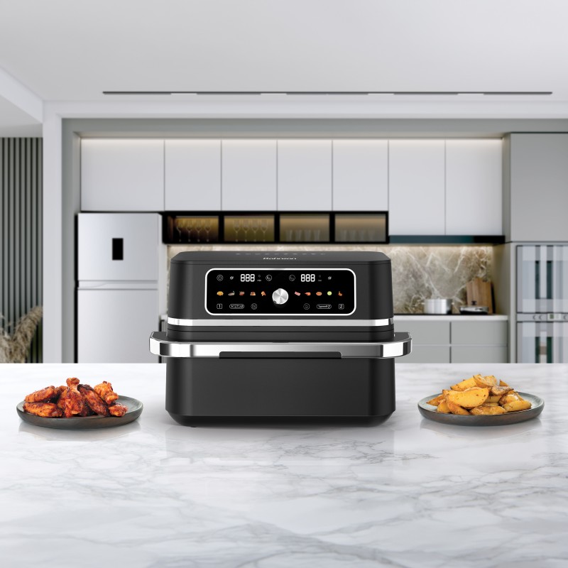 Friteuza cu aer cald 2 in 1 Rohnson R28017, 2x4.5L,3100W, timer 60 min, 80-200°C, panou tactil digital LED, 10 programe, 3D la 360°, protectie supraincalzire, oprire automata